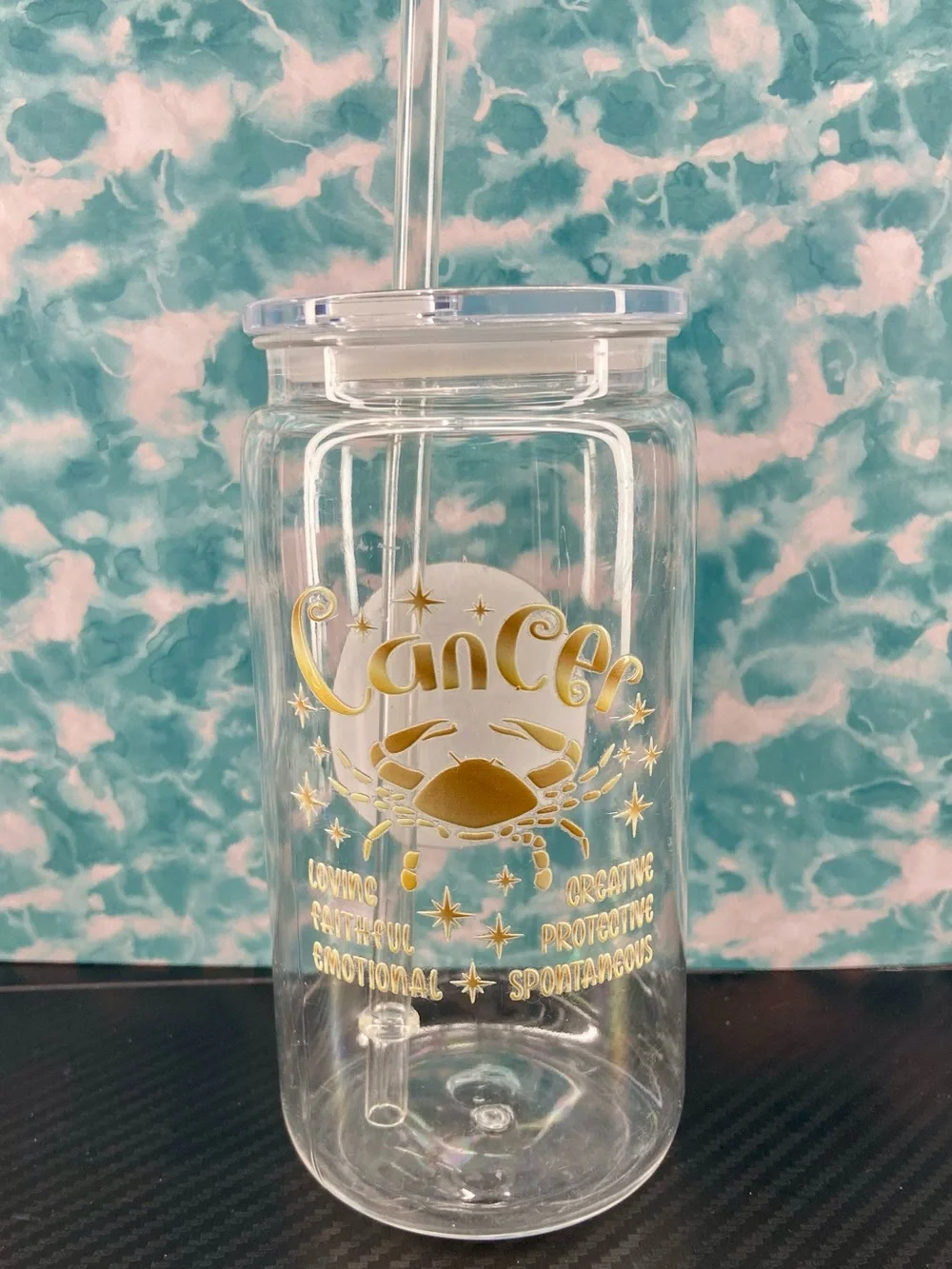 Clear Tumbler with Gold Cancer Zodiac Design and Straw